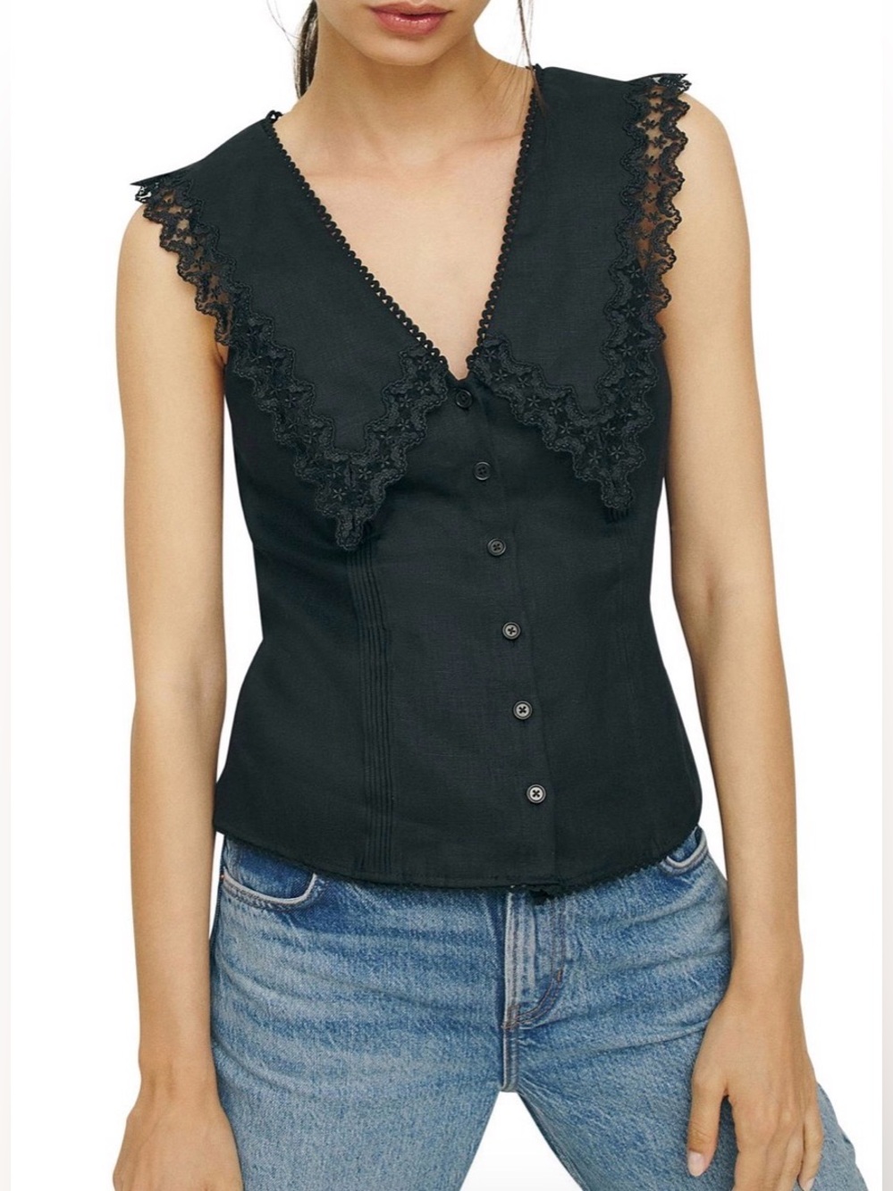 Reformation Melodie Black V-Neck Sleeveless Lace-Trim Linen Top Size 8 NEW
